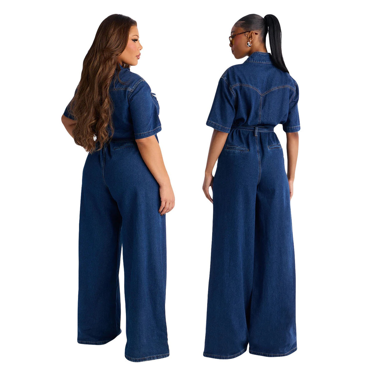 TJ Luxe Belted Wide-Leg Denim Jumpsuit