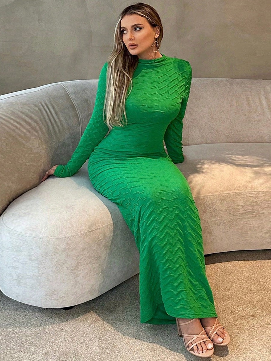 Elegant Long Sleeve Bodycon Maxi Dress – Round Neck Stretch Knit