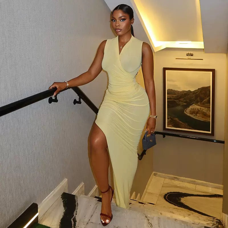 Yellow Sleeveless Maxi Dress with High Slit"