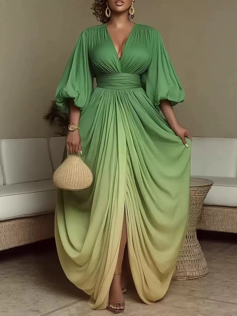 * Luxe Gradient Pleated Maxi Dress – Gree