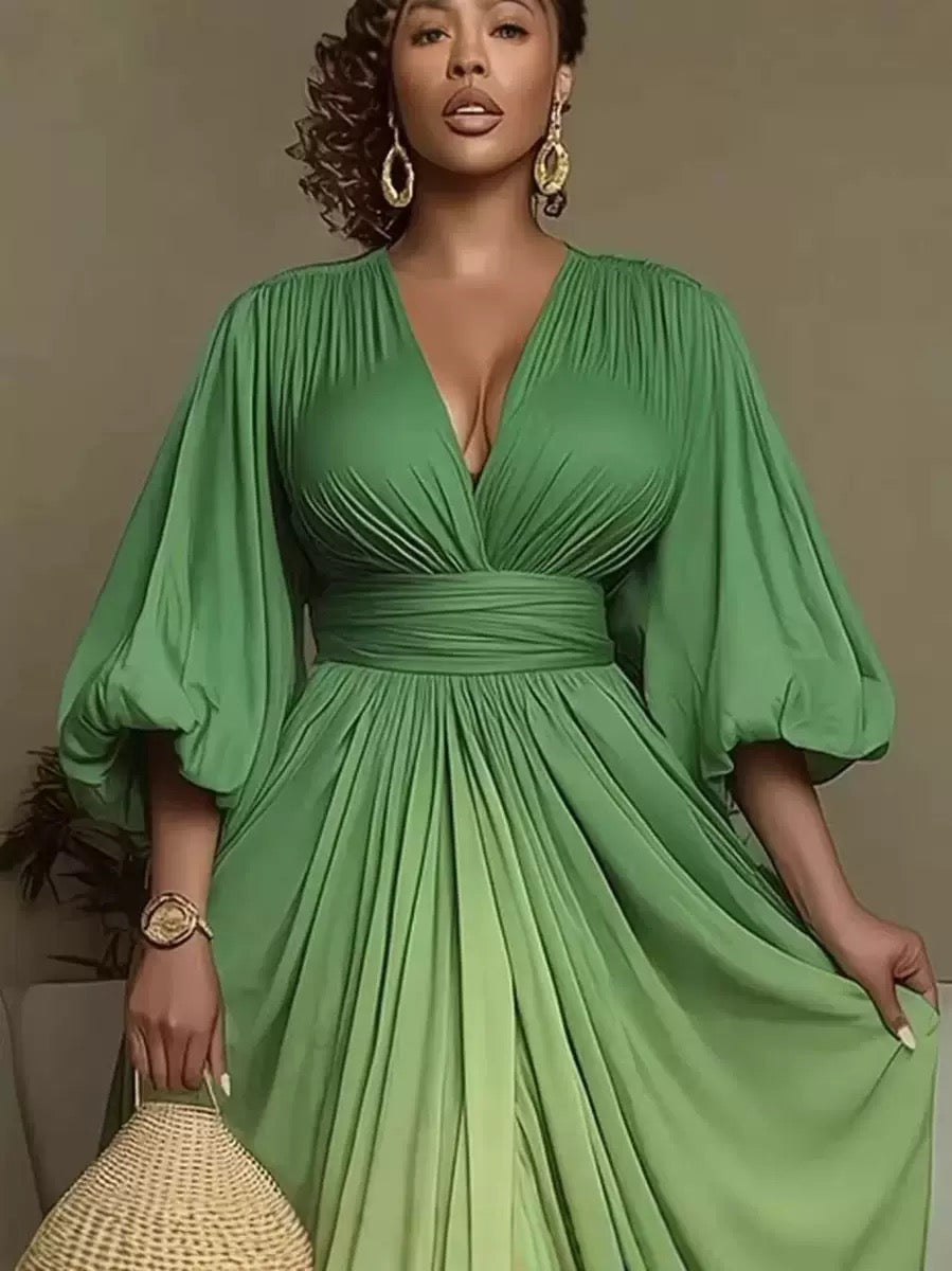 * Luxe Gradient Pleated Maxi Dress – Gree