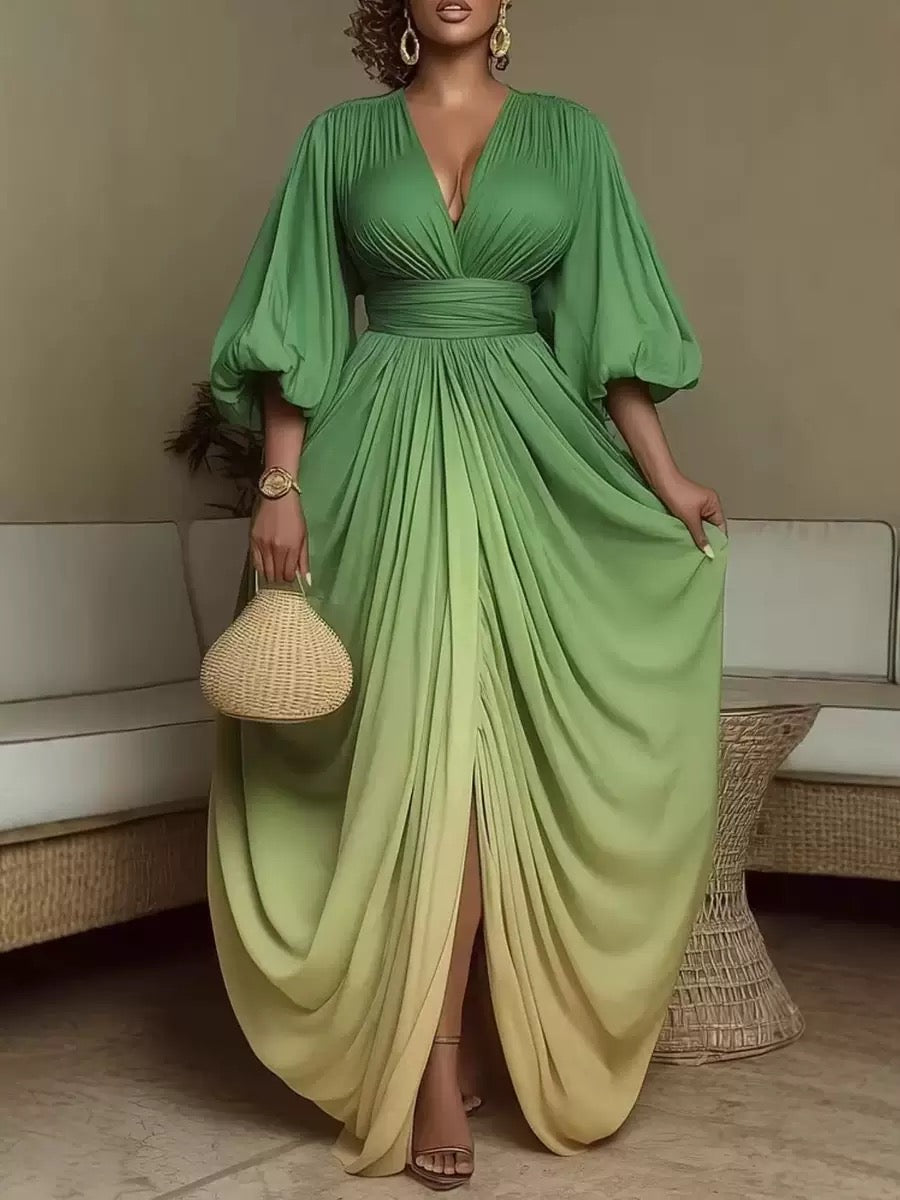 * Luxe Gradient Pleated Maxi Dress – Gree