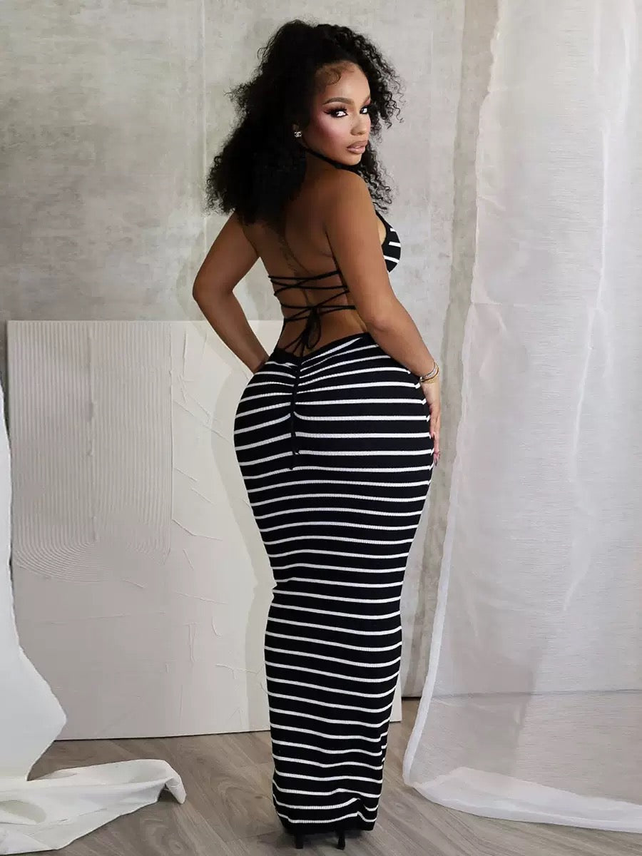 Women’s Striped Backless Halter Neck Maxi Dress – Bodycon Summer Dress