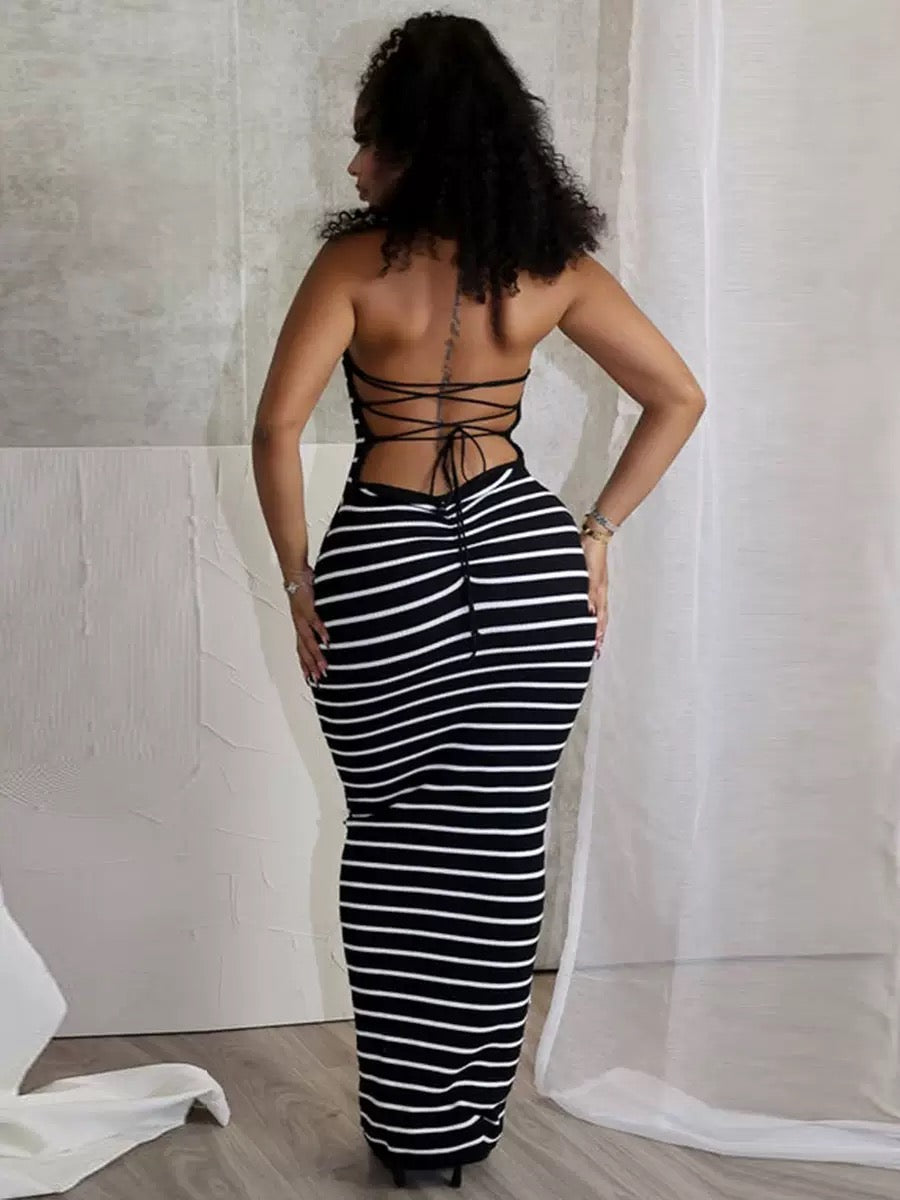 Women’s Striped Backless Halter Neck Maxi Dress – Bodycon Summer Dress