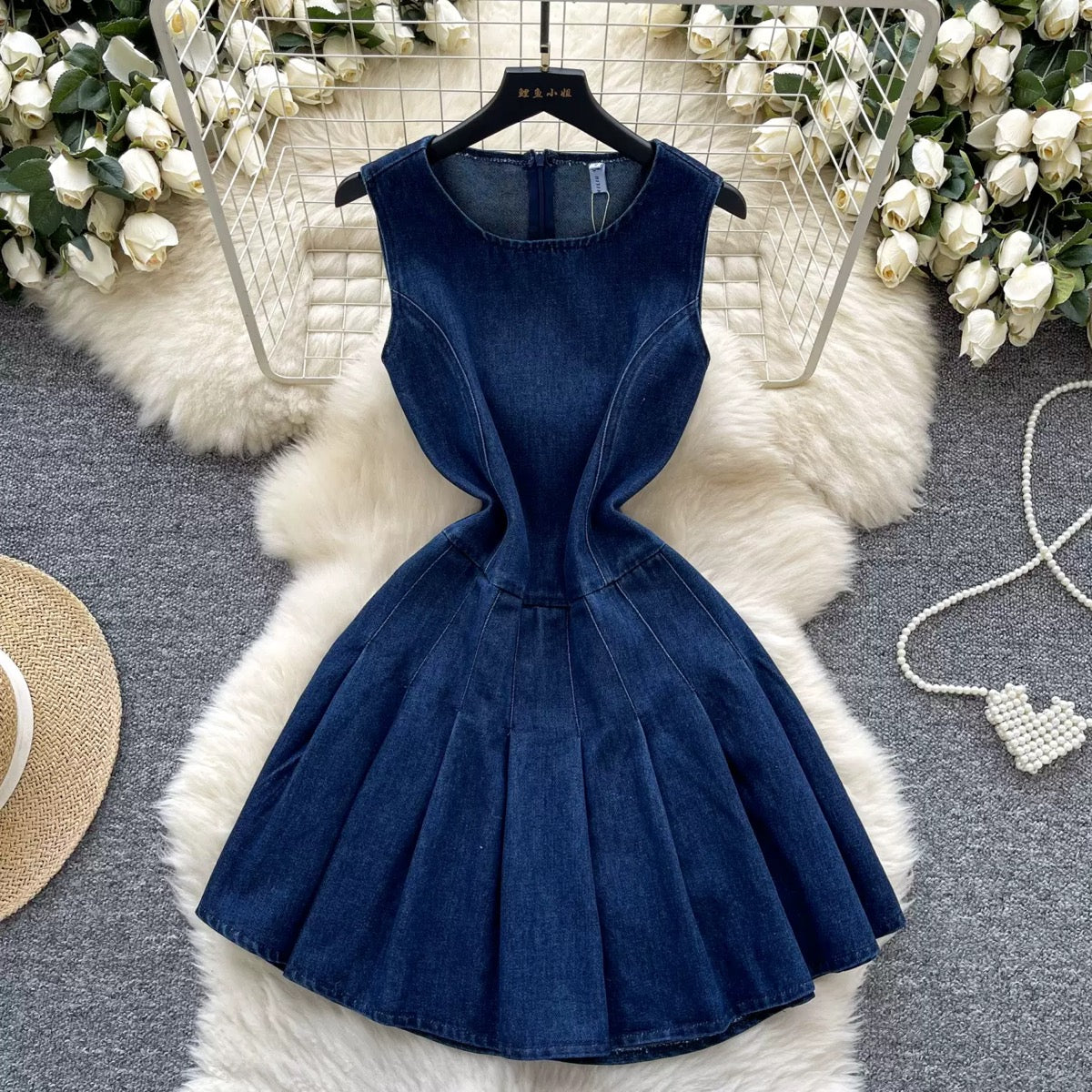 Women’s Sleeveless Denim Fit & Flare Mini Dress – Elegant Cinched Waist Skater Dress