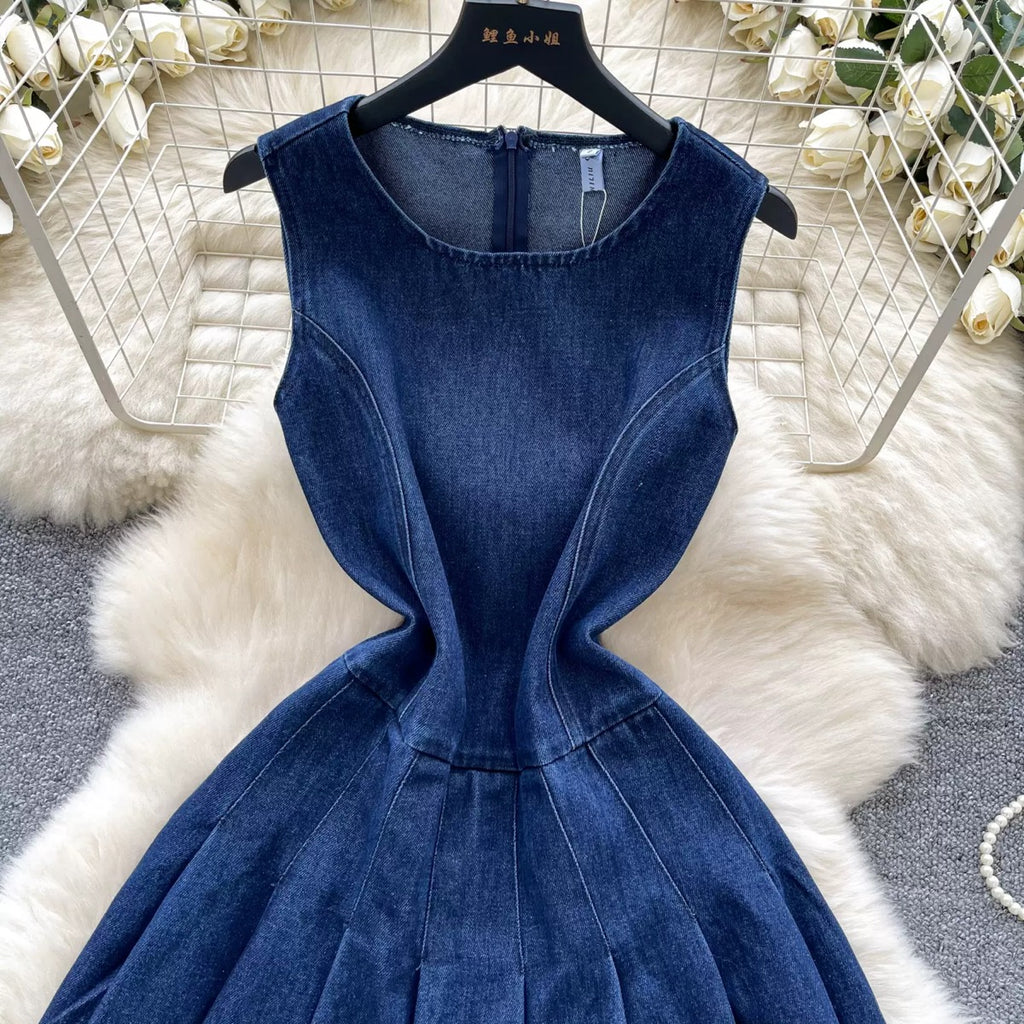 Women’s Sleeveless Denim Fit & Flare Mini Dress – Elegant Cinched Waist Skater Dress