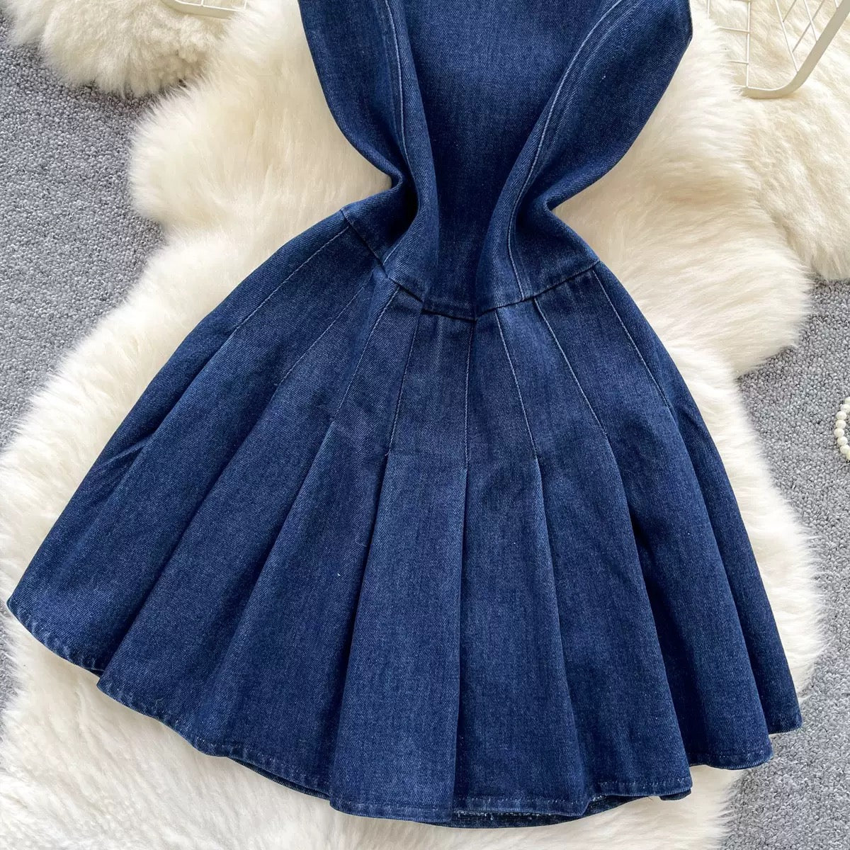 Women’s Sleeveless Denim Fit & Flare Mini Dress – Elegant Cinched Waist Skater Dress
