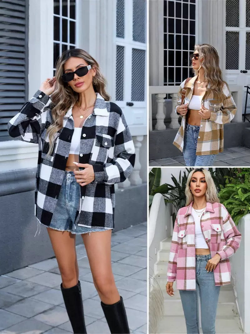 Women’s Oversized Plaid Shacket – Casual Button-Up Jacket