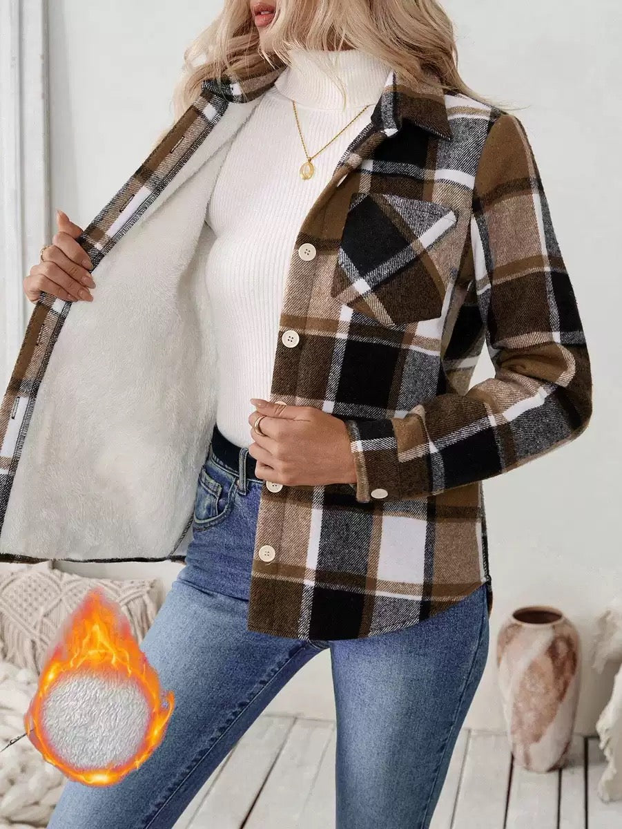 Women’s Fleece-Lined Plaid Shacket – Warm Button-Up Jacket