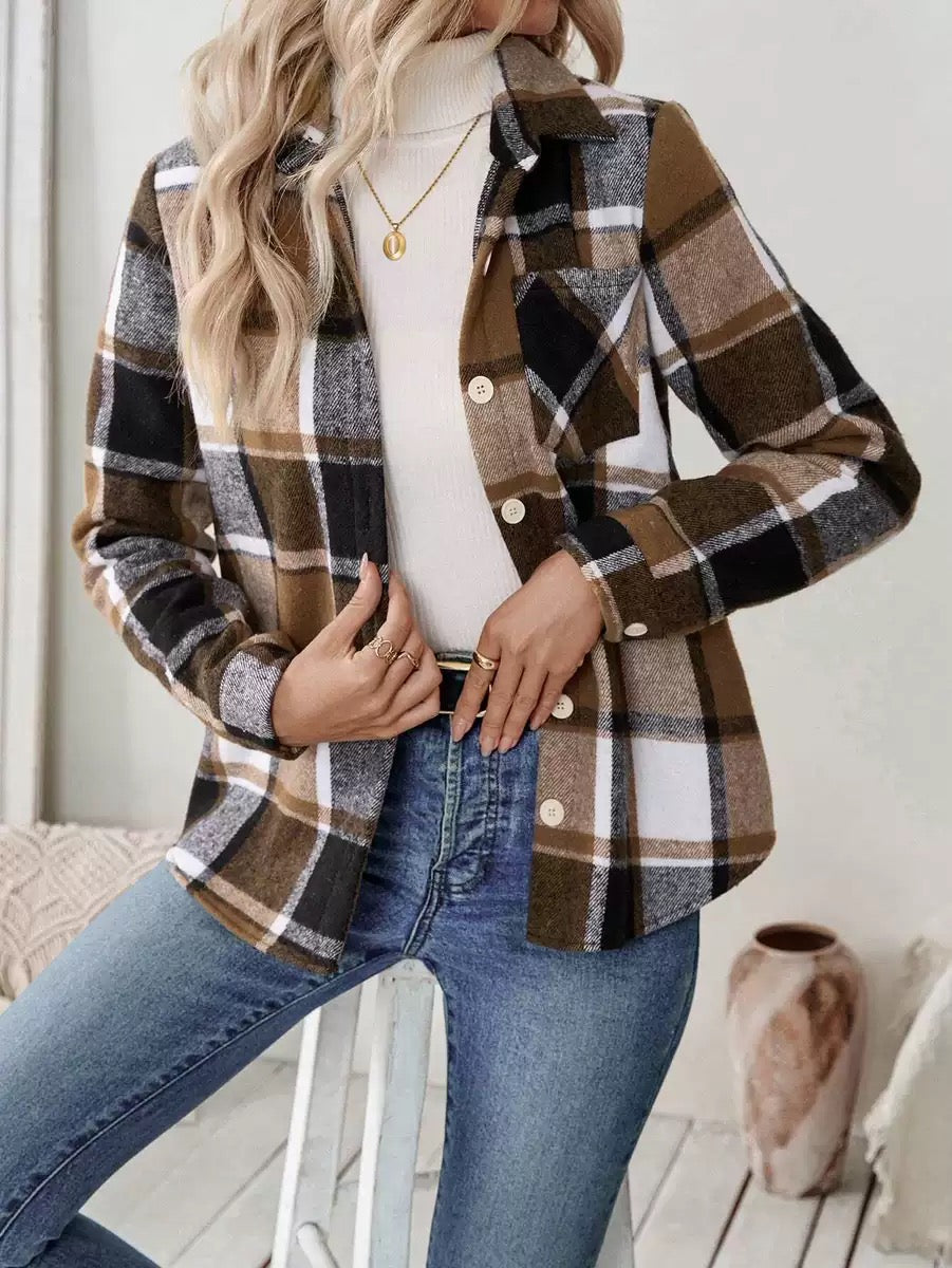 Women’s Fleece-Lined Plaid Shacket – Warm Button-Up Jacket