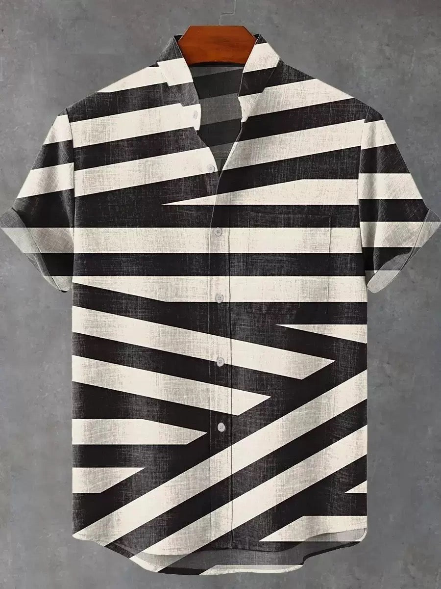 Men’s Linen Blend Stand Collar Short Sleeve Shir