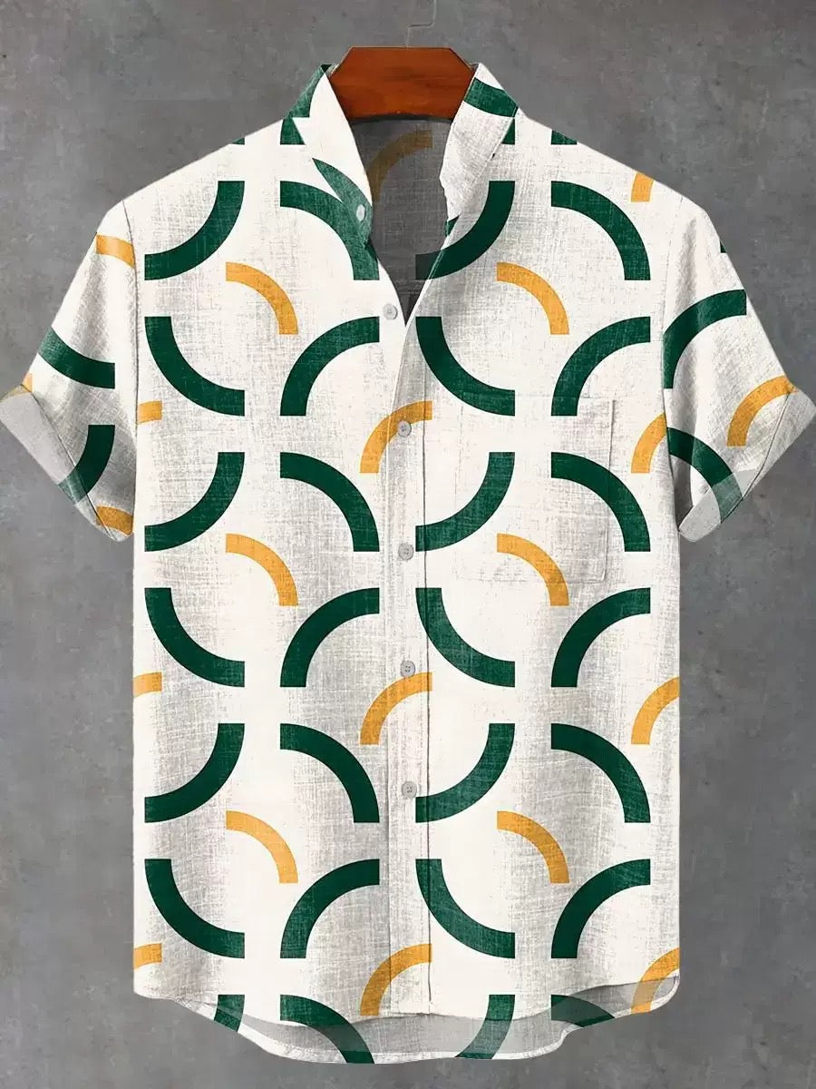 Men’s Linen Blend Stand Collar Short Sleeve Shir