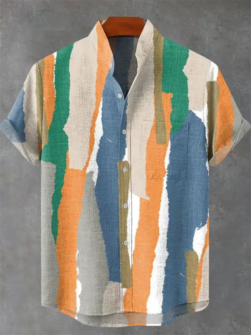 Men’s Linen Blend Stand Collar Short Sleeve Shir