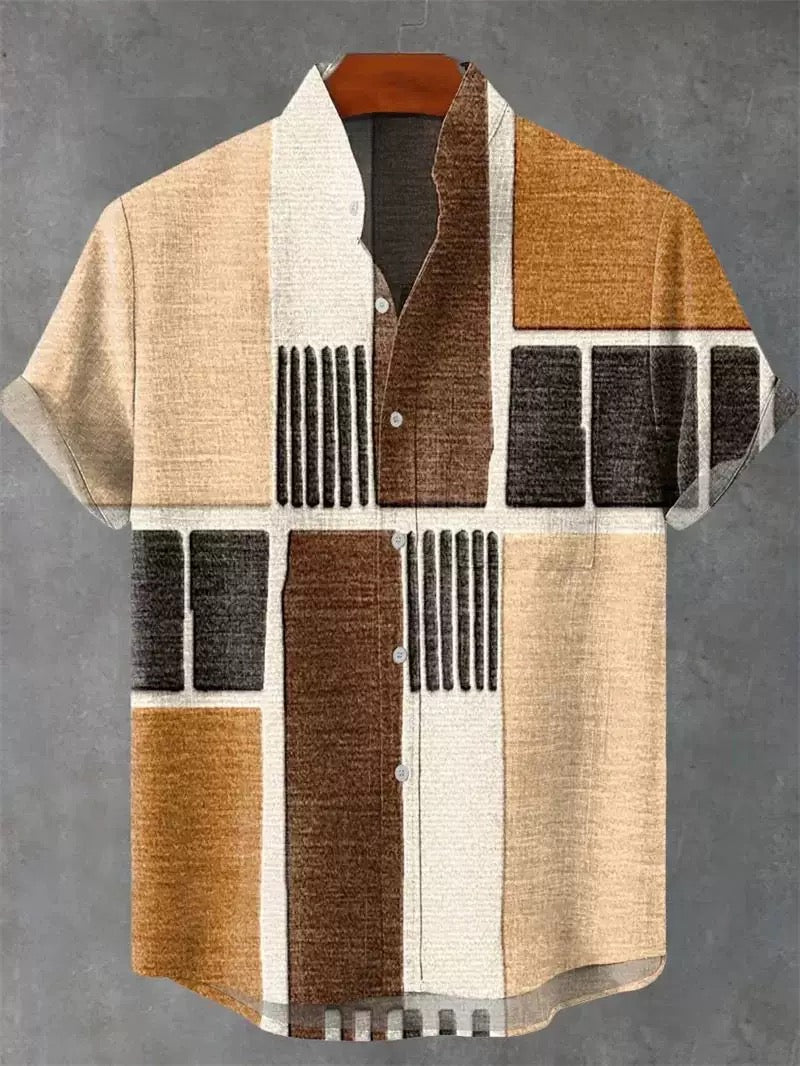 Men’s Linen Blend Stand Collar Short Sleeve Shir