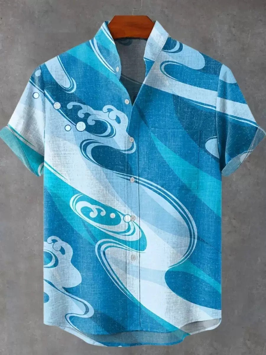 Men’s Linen Blend Stand Collar Short Sleeve Shir