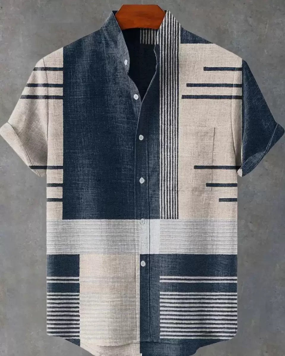 Men’s Linen Blend Stand Collar Short Sleeve Shir