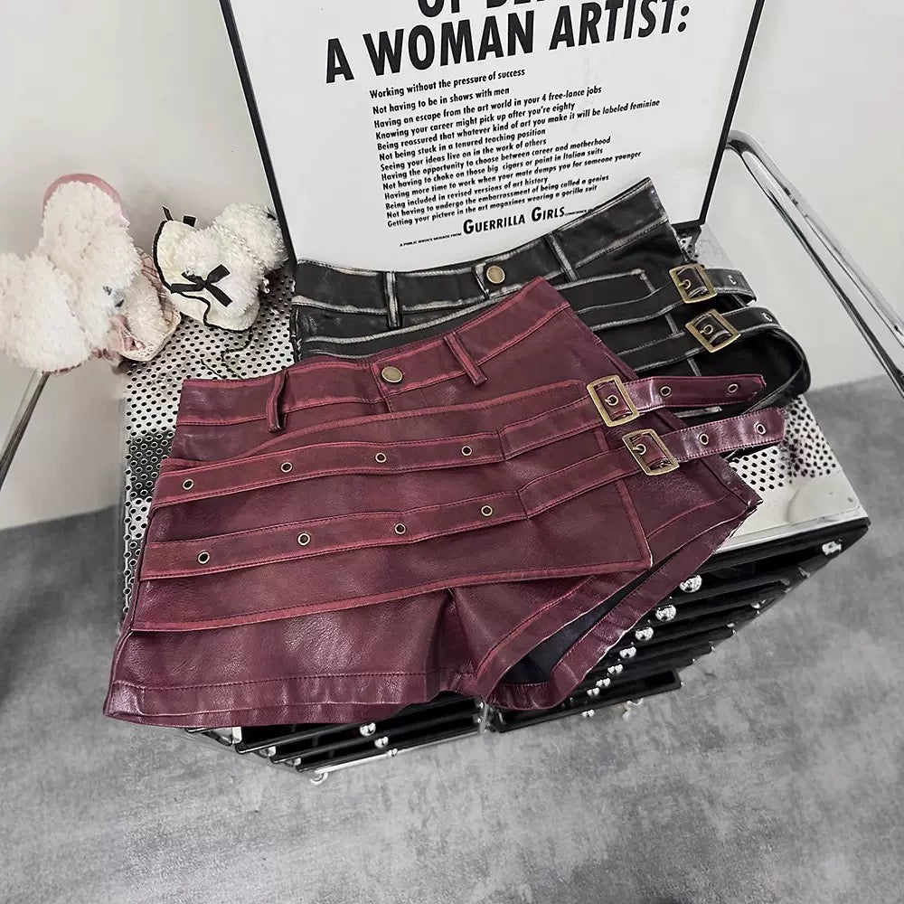 Women’s High-Waisted Faux Leather Buckle Shorts