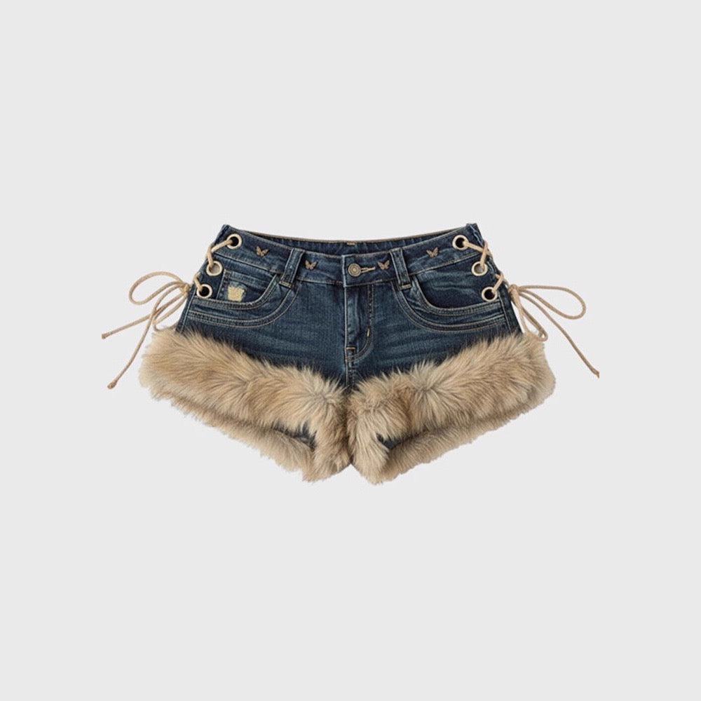 Y2K Faux Fur Trim Denim Short
