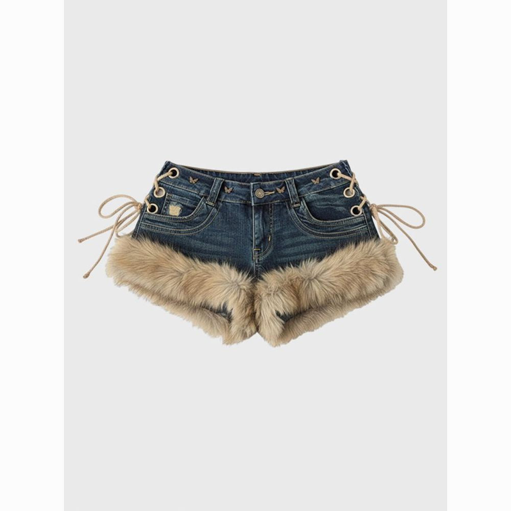 Y2K Faux Fur Trim Denim Short