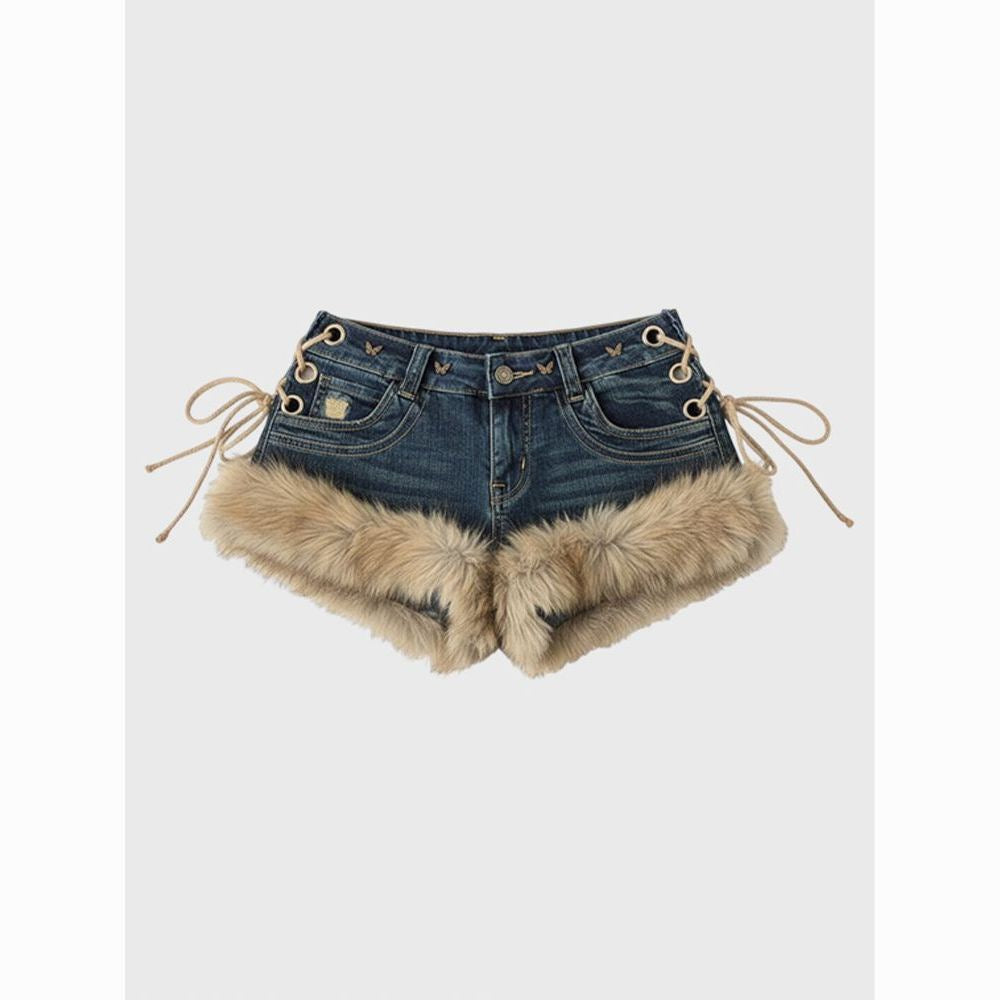 Y2K Faux Fur Trim Denim Short