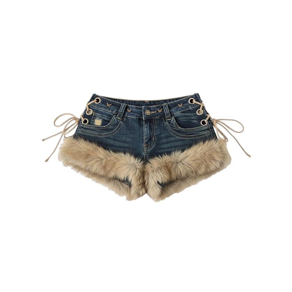 Y2K Faux Fur Trim Denim Short