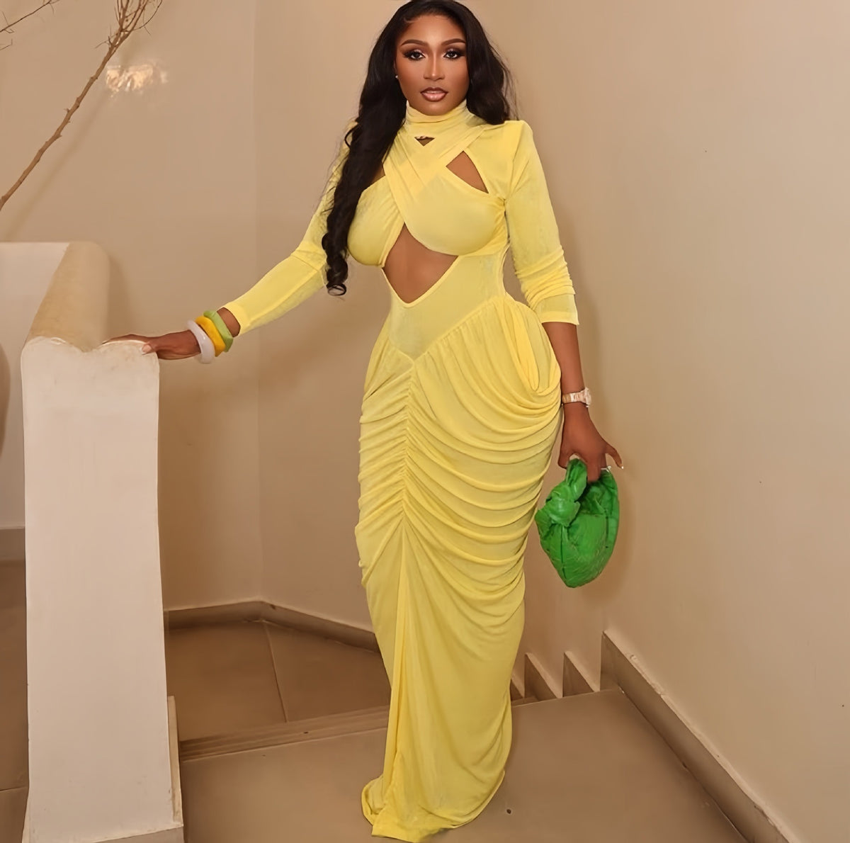 TJ Luxe Soleil Cut-Out Ruched Maxi Dress