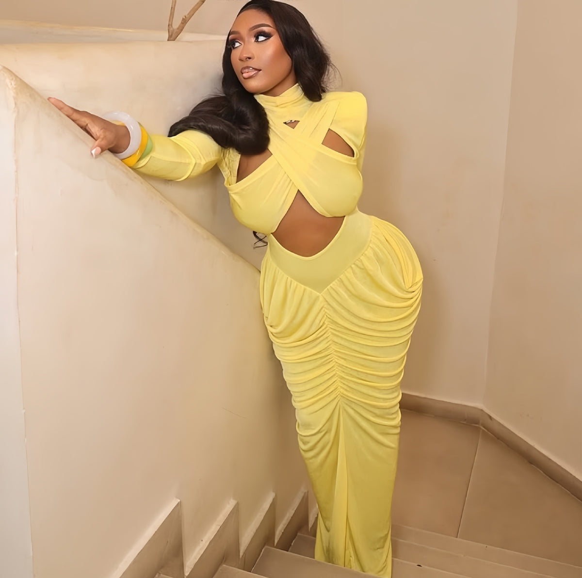 TJ Luxe Soleil Cut-Out Ruched Maxi Dress