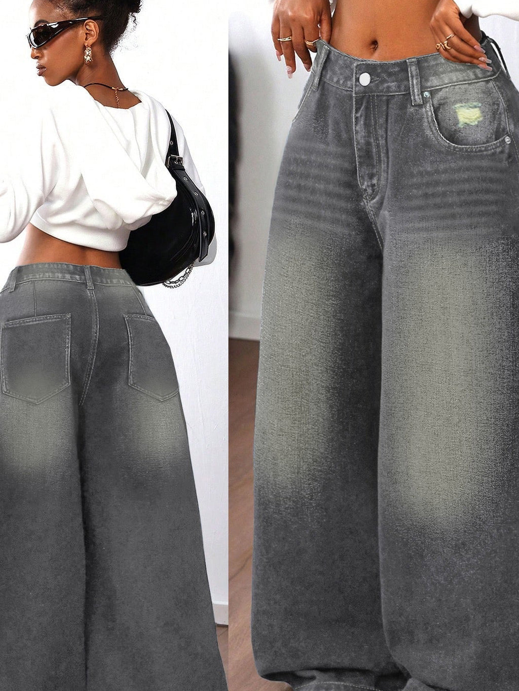 TJ Luxe Washed Gray Wide-Leg Denim Jeans