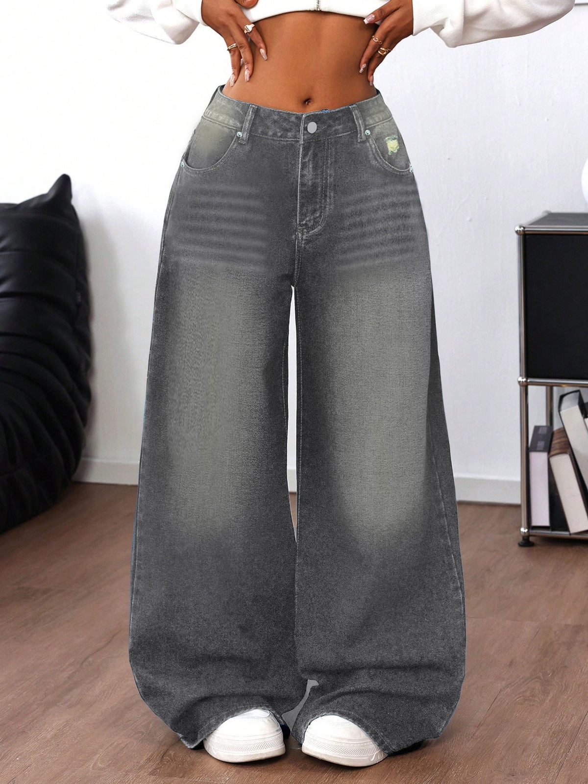 TJ Luxe Washed Gray Wide-Leg Denim Jeans
