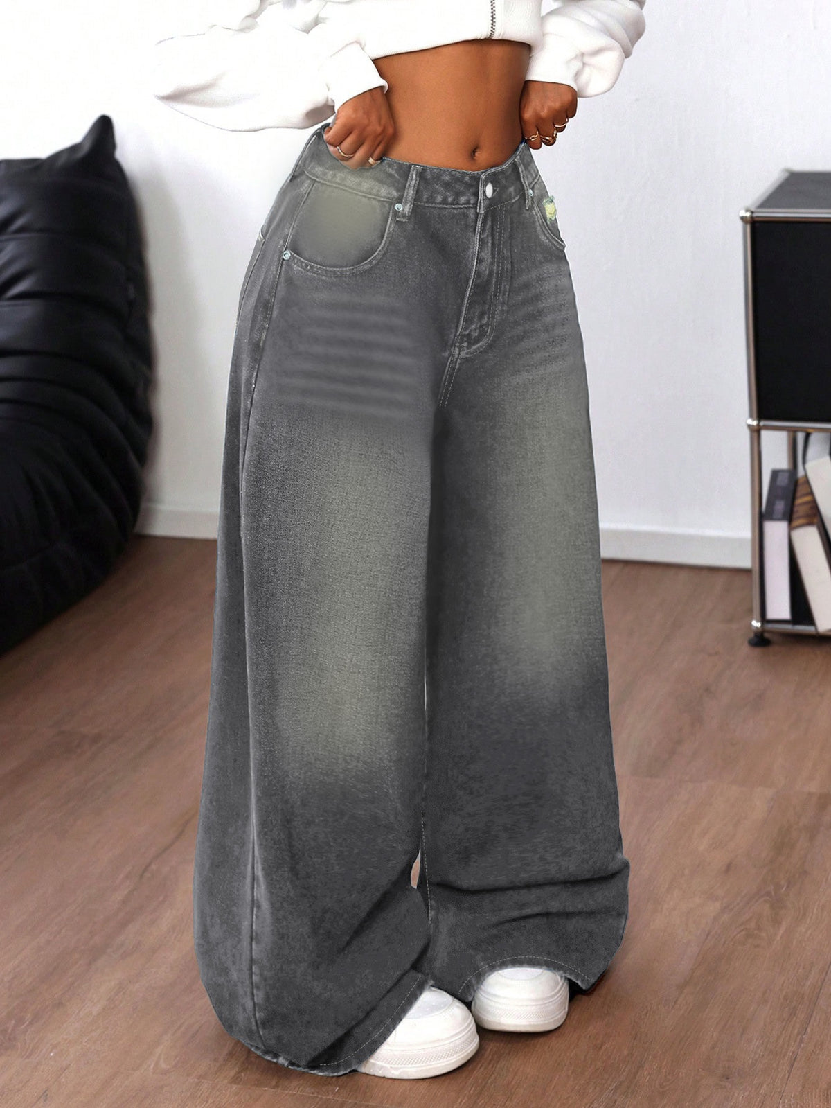TJ Luxe Washed Gray Wide-Leg Denim Jeans