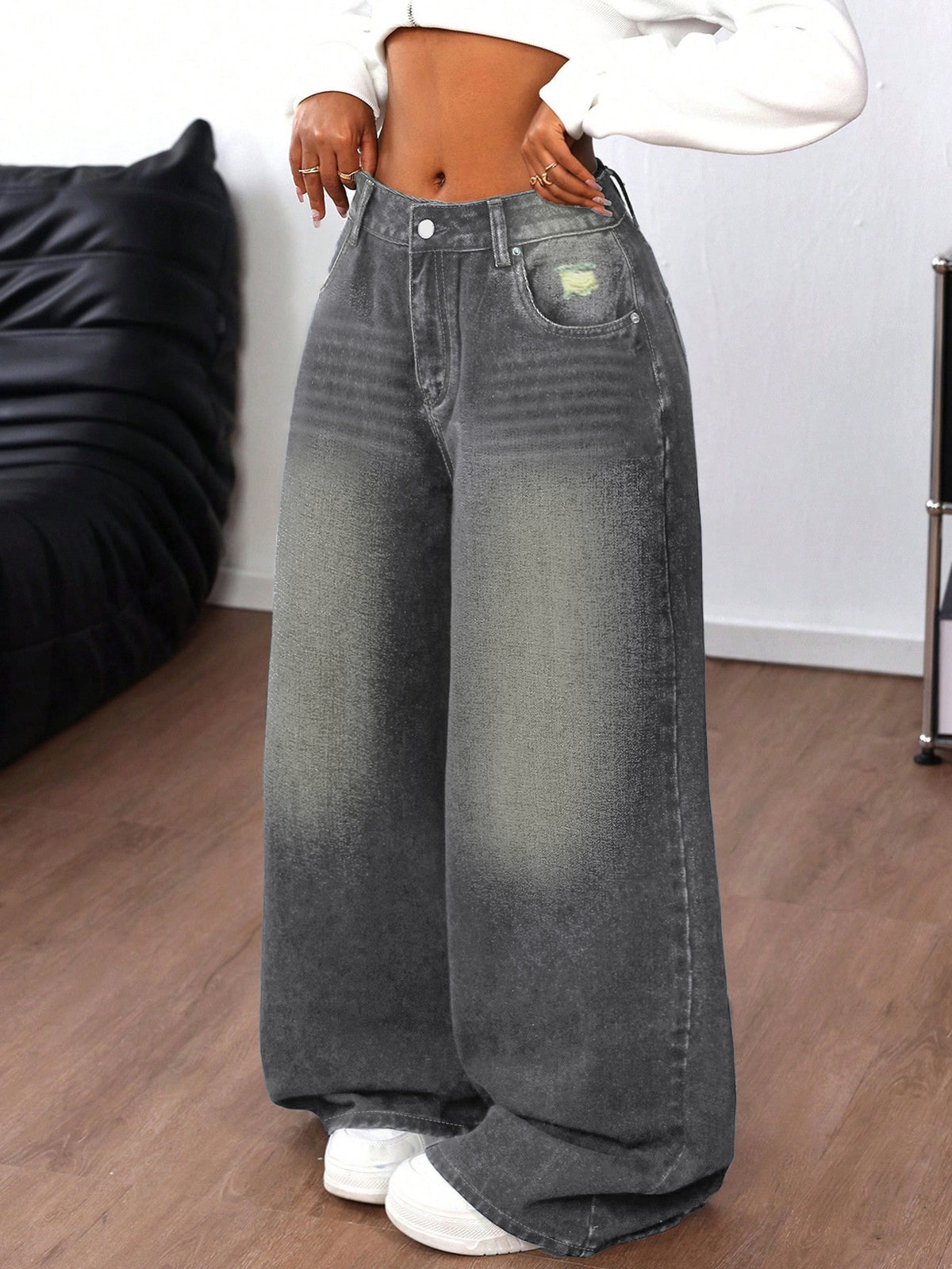 TJ Luxe Washed Gray Wide-Leg Denim Jeans