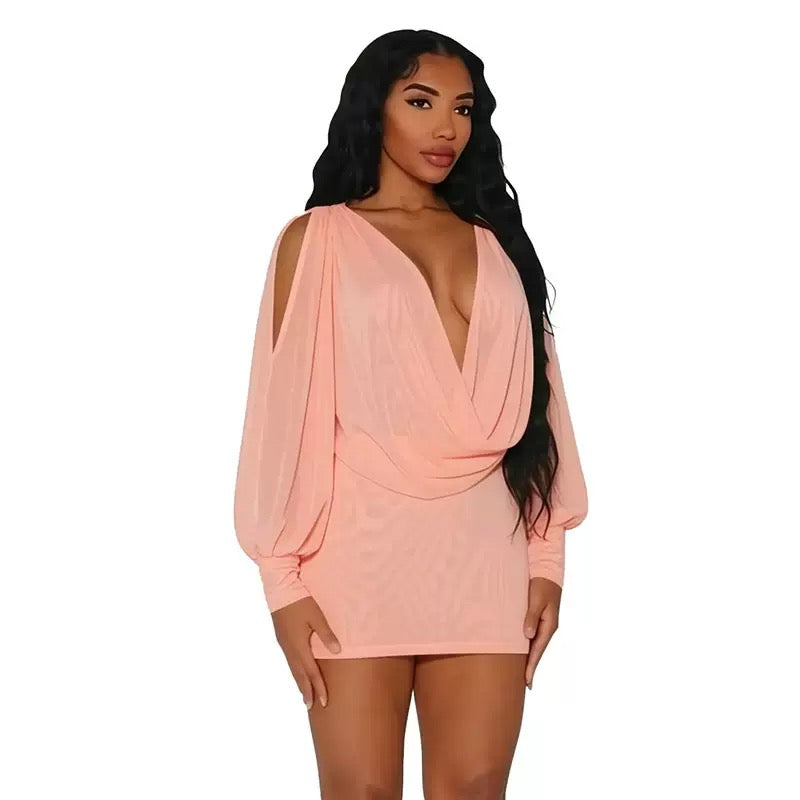 TJ Luxe Deep V-Neck Mini Dress – Elegant Long Sleeve Bodycon Party Dress