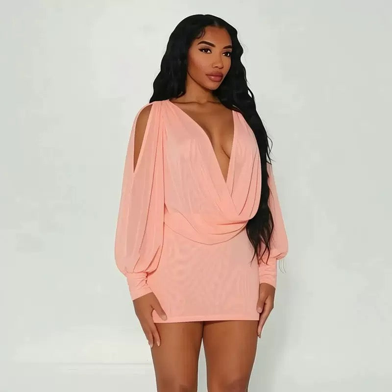 TJ Luxe Deep V-Neck Mini Dress – Elegant Long Sleeve Bodycon Party Dress