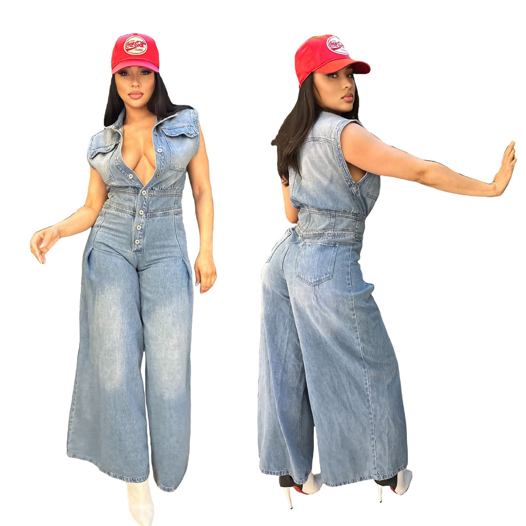 TJ Luxe LuxeFit Wide-Leg Denim Jumpsuit