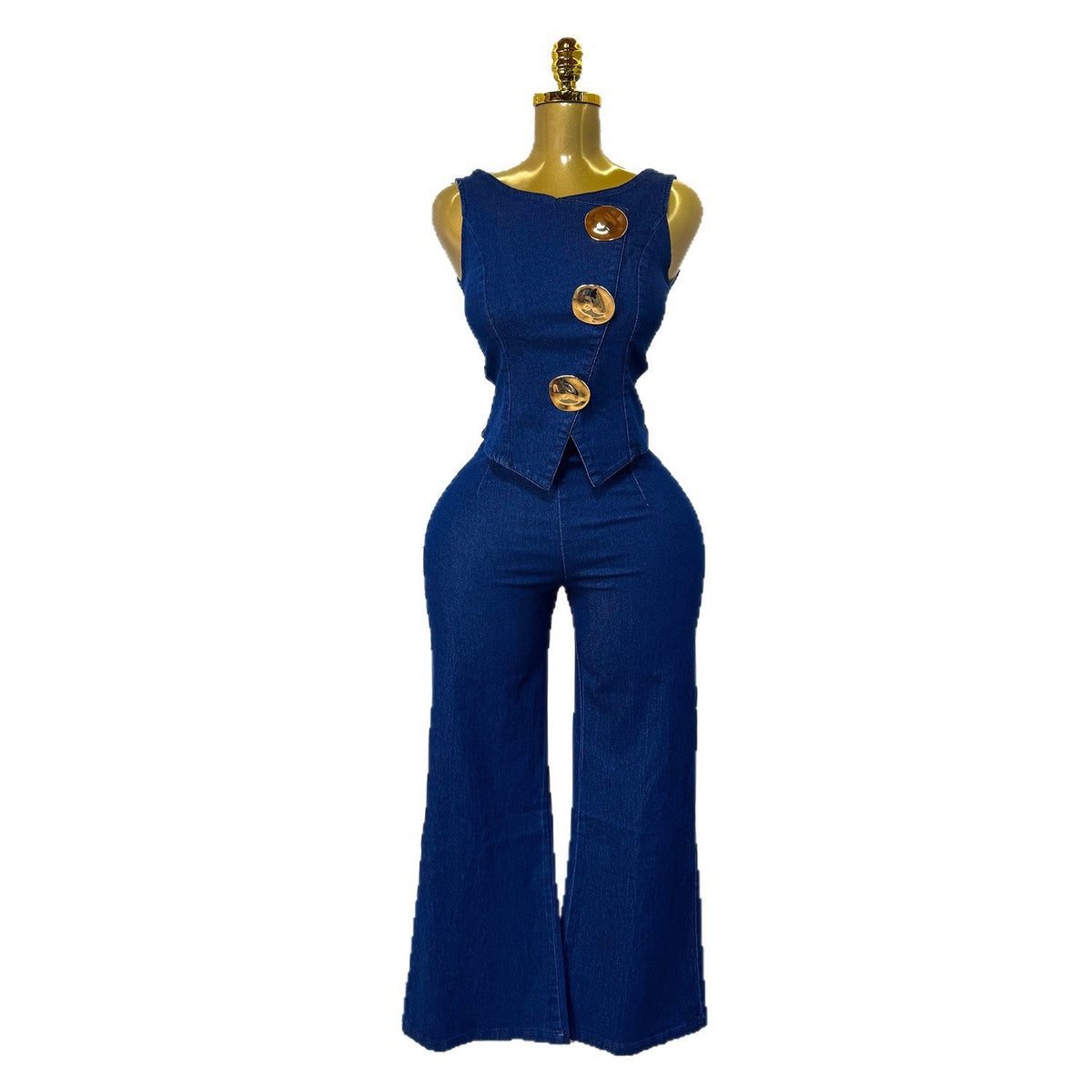 TJ Luxe Gold Button Denim Vest & Wide-Leg Pant Set