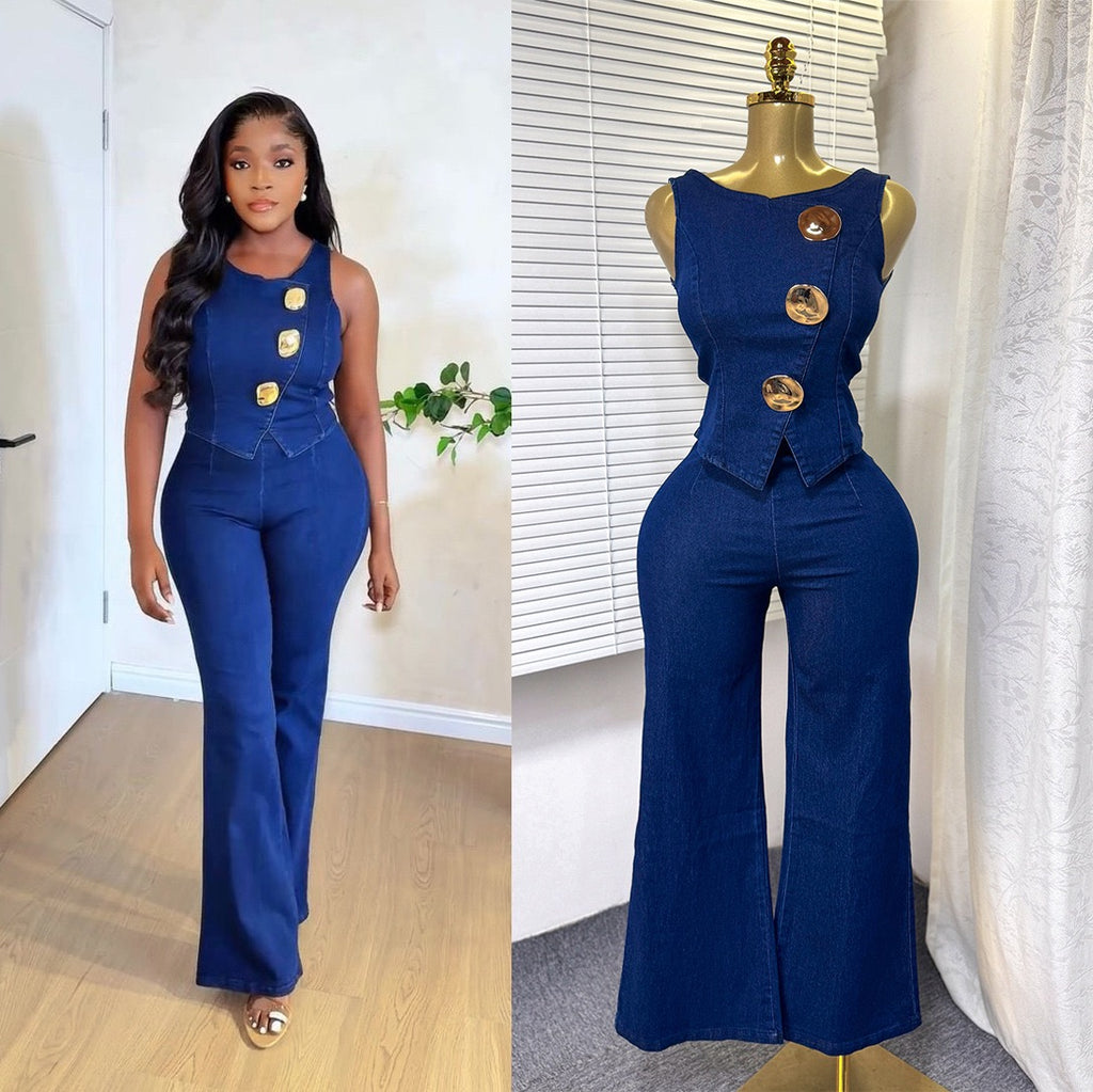 TJ Luxe Gold Button Denim Vest & Wide-Leg Pant Set