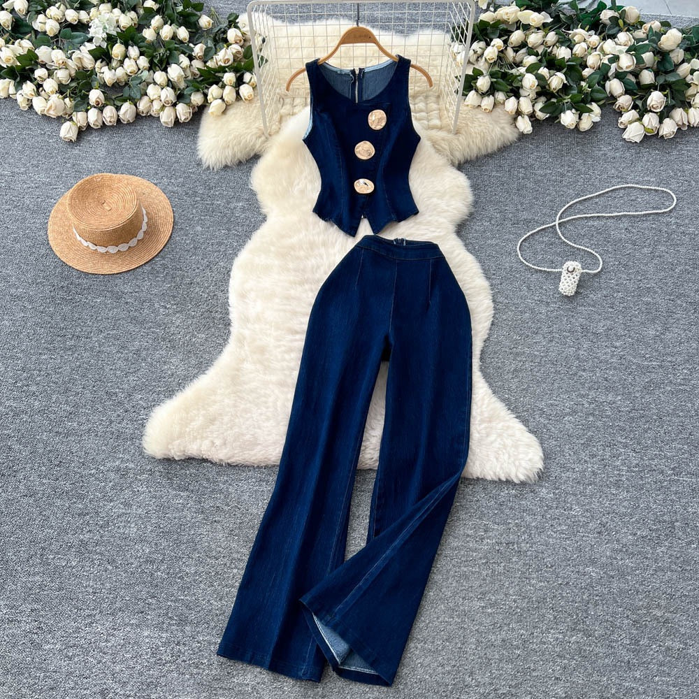 TJ Luxe Gold Button Denim Vest & Wide-Leg Pant Set