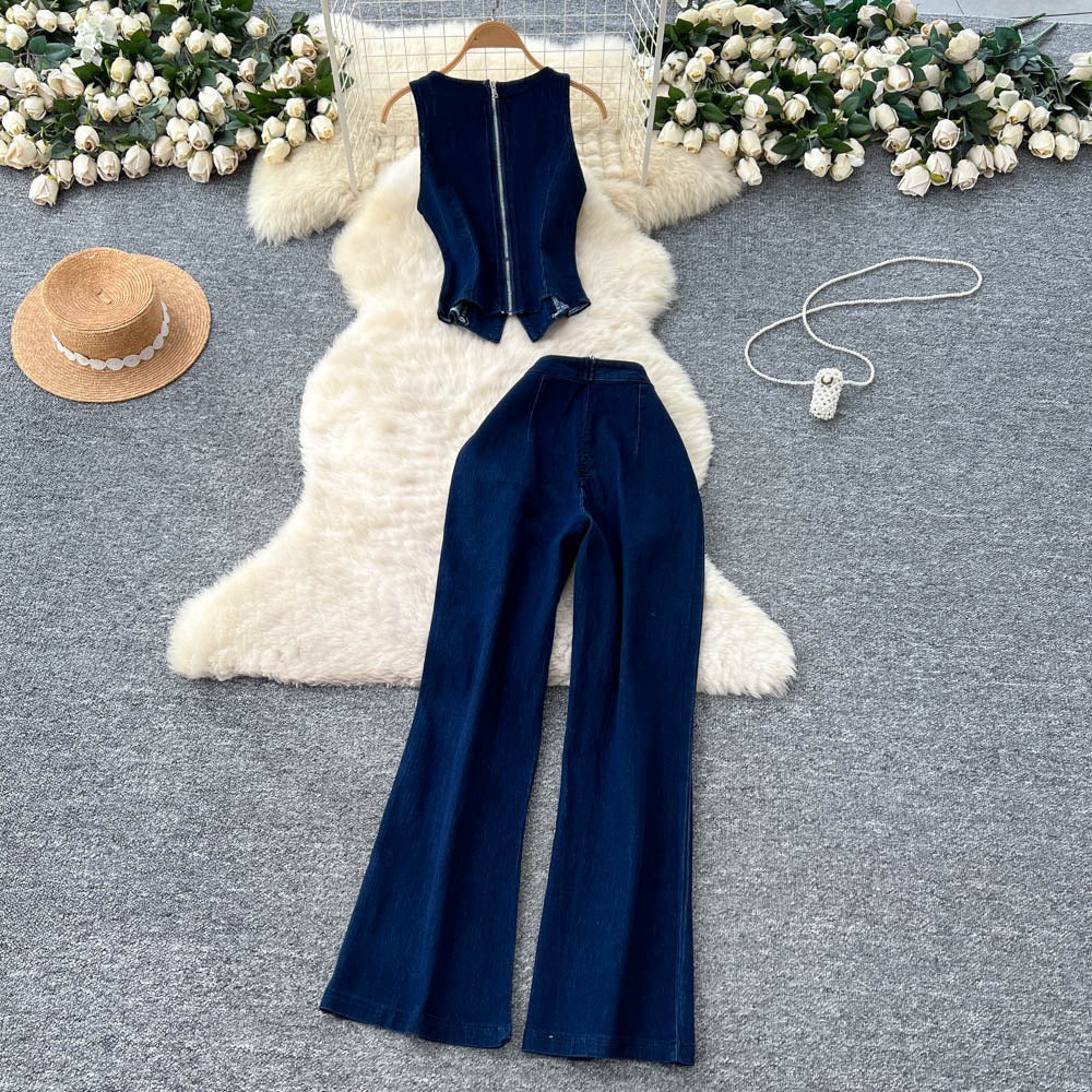 TJ Luxe Gold Button Denim Vest & Wide-Leg Pant Set