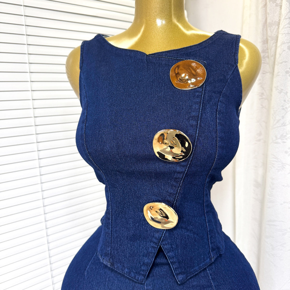 TJ Luxe Gold Button Denim Vest & Wide-Leg Pant Set