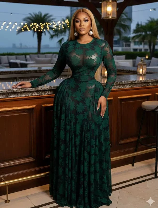 TJ Luxe Elegant Mesh Sleeve Maxi Dress – Luxury Printed Evening & Occasion Gown