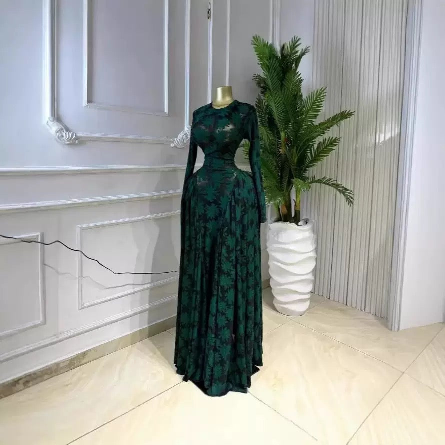 TJ Luxe Elegant Mesh Sleeve Maxi Dress – Luxury Printed Evening & Occasion Gown