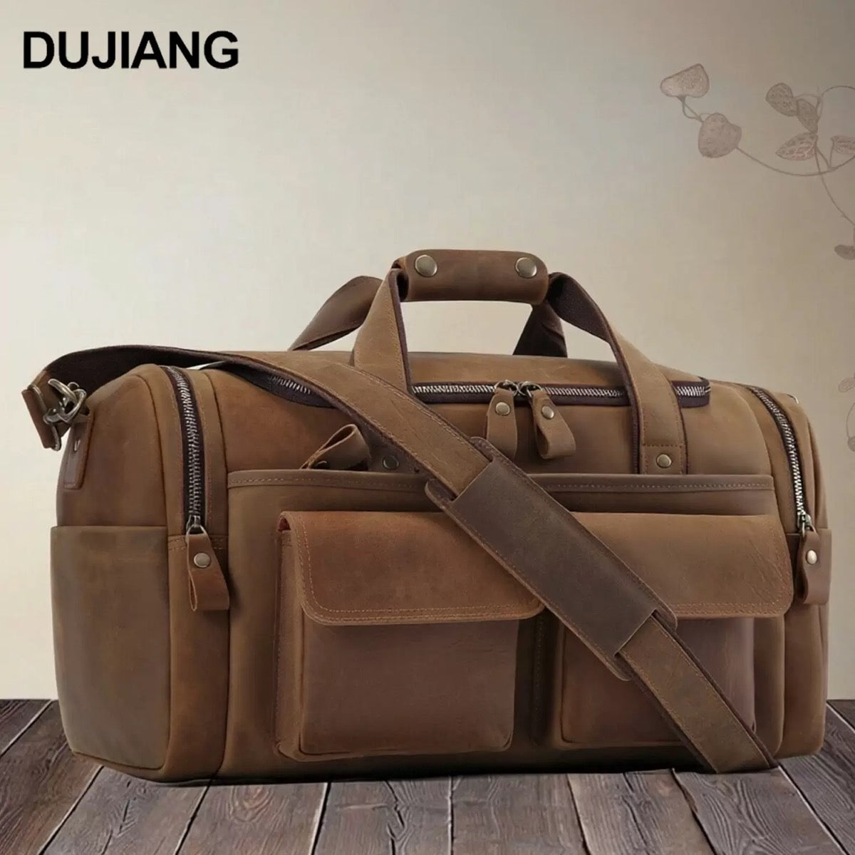 TJ Luxe Genuine Leather Travel Duffel Bag – Premium Cowhide Weekender with Shoe Compartment