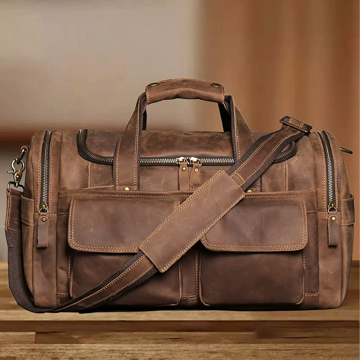 TJ Luxe Genuine Leather Travel Duffel Bag – Premium Cowhide Weekender with Shoe Compartment